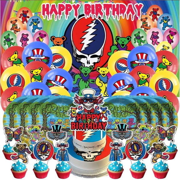 dancing bear the greatful dead Themed Birthday Party Decor Set - Balloons, Paper Plates, Cake Toppers, Tableware & 5x2.3ft Backdrop Banner