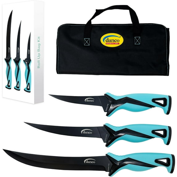 danco Pro Series Roll Up Bag Kit | 5" & 7" Fillet Knives and 9" Stout Knife | Full Tang German G4116 Stainless-Steel Blades with Teflon Coating, Nylon Roll Up Sheath, (Seafoam)