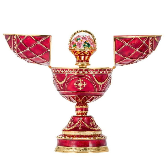 danila-souvenirs Faberge style Egg / Music Box / Trinket Jewel Box with Basket of Flowers 6.8'' (17 cm) red