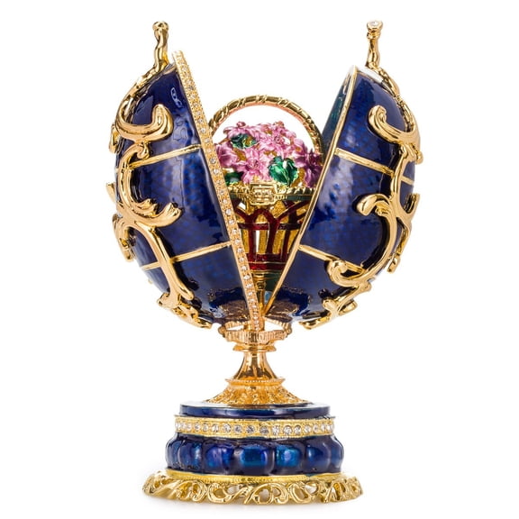 danila-souvenirs Faberge style Spring Flowers Egg / Music Box with Basket of Flowers 6.6'' (16.5 cm) blue