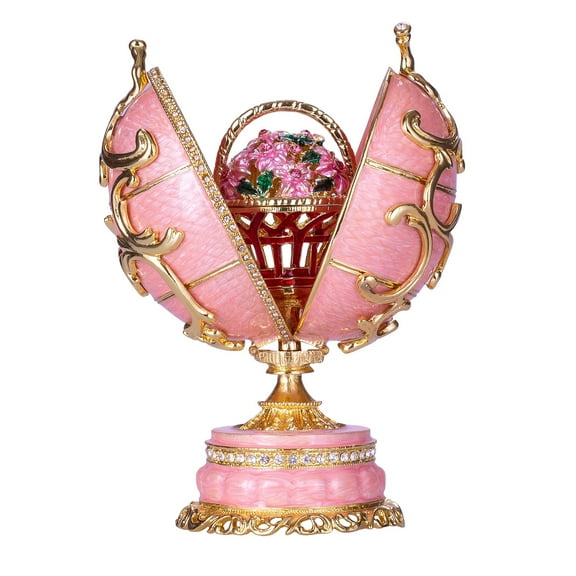 danila-souvenirs Faberge style Spring Flowers Egg / Music Box with Basket of Flowers 6.6'' (16.5 cm) pink