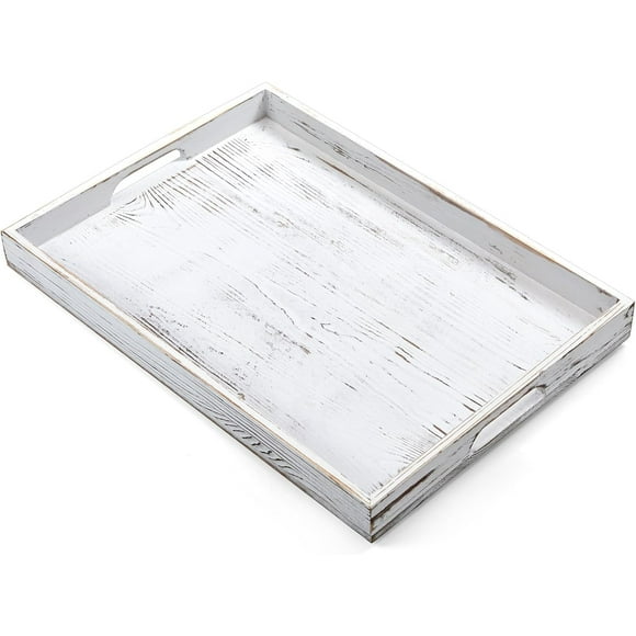 danneibiubiu 17 Inch Rustic White Serving Tray with Handles - Large Wooden Tray for Ottoman  Breakfast in Bed  Dinner  Coffee Table - Decorative Rectangular Tray for Living Room Bedroom E
