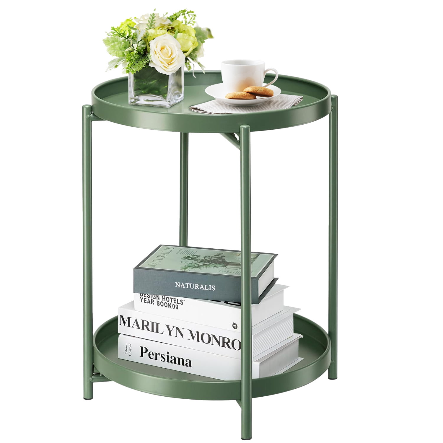 danpinera 2 Tier Metal Side Table with Removable Tray,Round End Table Outdoor Small Patio Accent Table,Anti-Rust Nightstand - Green