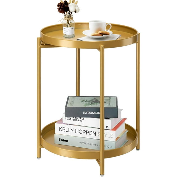 danpinera 2 Tier Side Table with Removable Tray Round End Table Small Outdoor Patio Accent Table for Living Room Bedroom - Gold