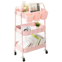 danpinera 3-Tier Metal Rolling Utility Storage Cart with Wheel & Handles & Hanging Cups, Accessory Rolling Cart Organizer for Office,Bathroom, Kitchen, Nursery,Pink