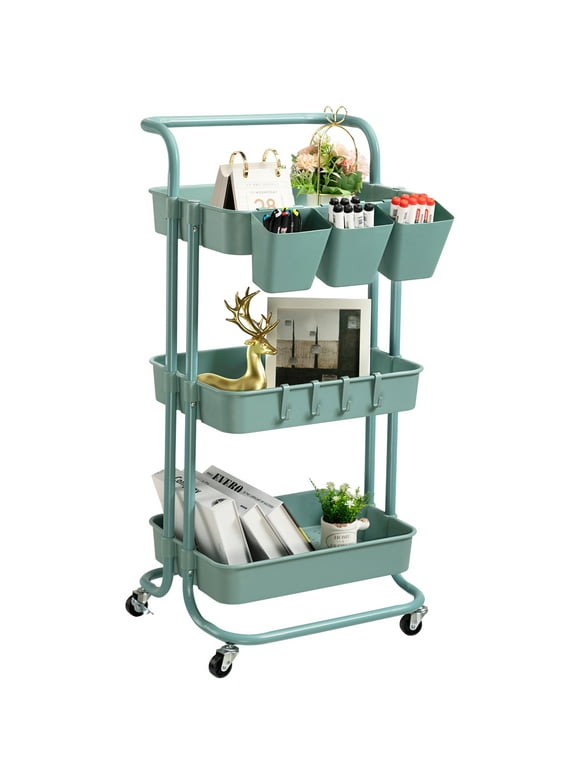 danpinera 3-Tier Rolling Storage Organizer Cart with Handle and Lockable Wheels, Utility Trolly Cart for Kitchen, Sitting Room, Bathroom, Study, Green