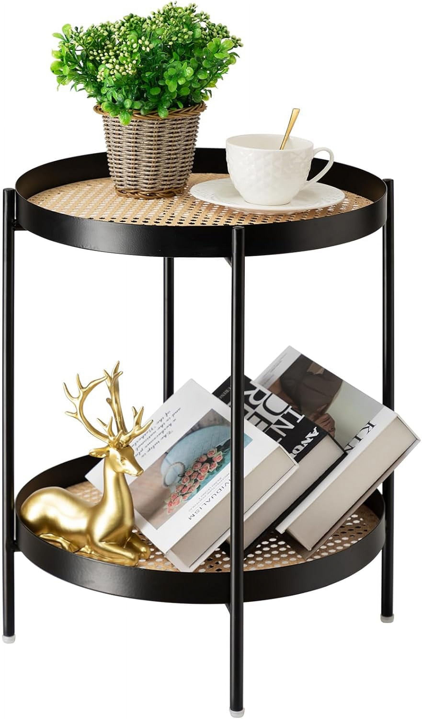 danpinera Black Side Table, All Metal Side Table with Imitation Rattan ...