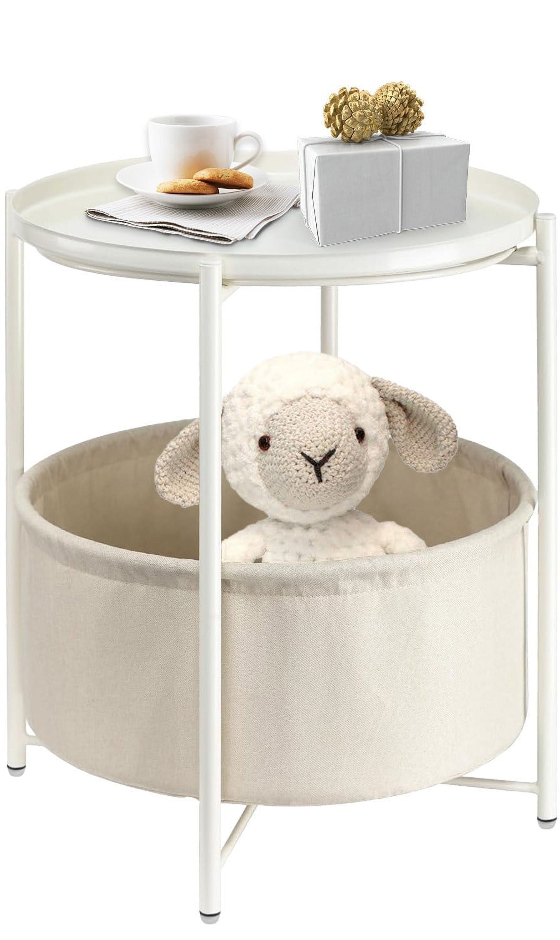 danpinera Side Table with Fabric Storage Basket End Table with Removable Tray for Living Room, Bedroom - White