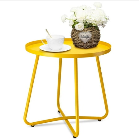 danpinera Outdoor Patio Side Table, Small Round Metal End Table with Flower Cut Outs Weather Resistant for Outside 17.72" Height - Yellow