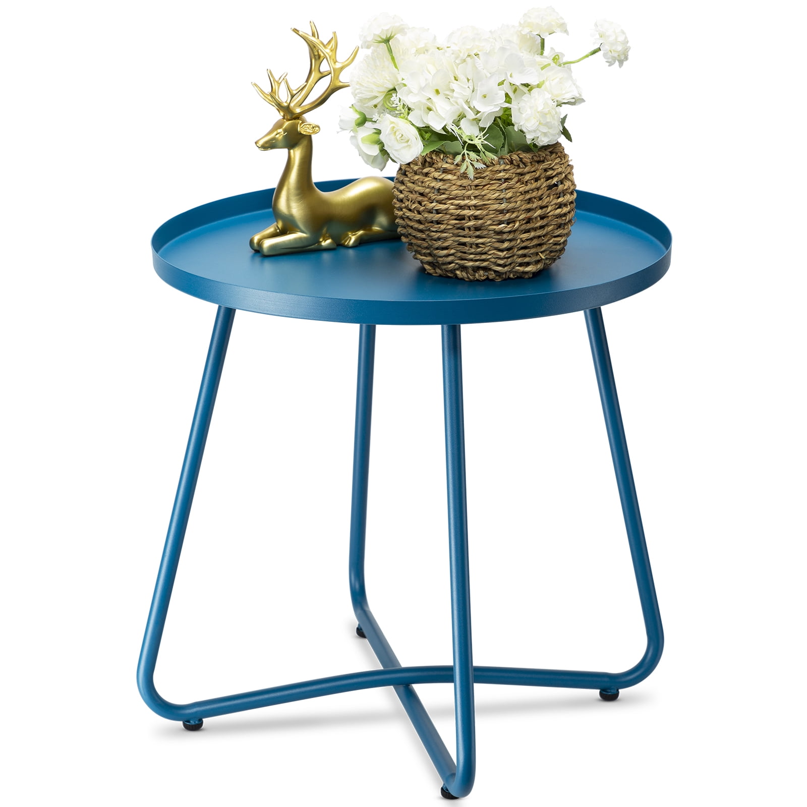 danpinera Outdoor Patio Side Table, Small Round Metal End Table with Flower Cut Outs Weather Resistant for Outside 17.72" Height - Navy Blue