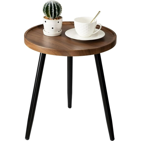 danpinera Round Side Table, Metal Legged Accent Table with Wooden Tray, Small Round End Table for Living Room, Bedroom, Nursery, Brown & Black