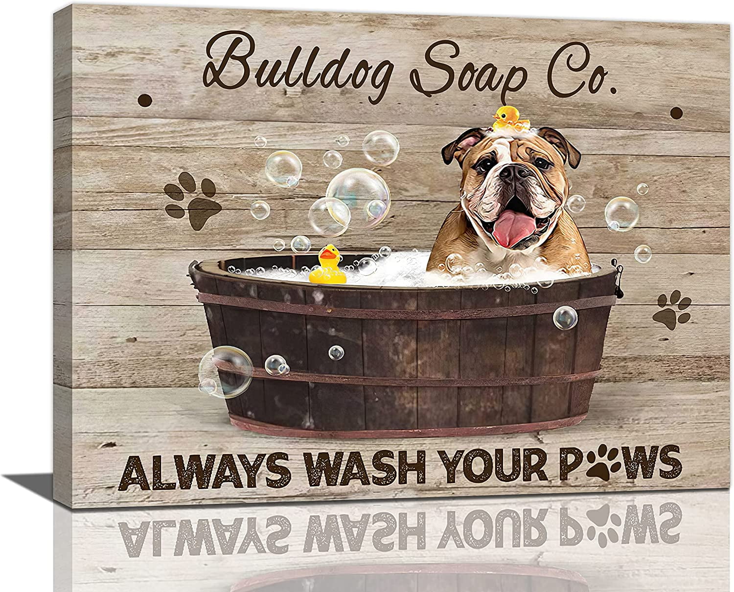 Funny Bulldog in Bathtub Framed Canvas Print, 16" x 12"