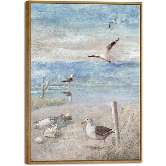 dashuaibi-Large Bathroom Decor Blue Beach Seaside Seagull Picture Perching Bird by the Seashore Coastal Ocean Canvas Wall Art for Laundry Room Bedroom Decoration