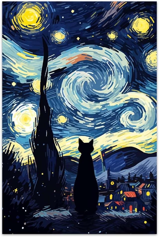 Dashuaibi Unframe Canvas Wall Art For Bedroom Office Wall Decor Starry Sky Cat Wall Decorations