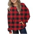 thumbnail image 1 of dazeni 2-12 T Girls Fashion Plaid Sweatshirts Oversized Crewneck Sweatshirt Loose Casual Long Sleeve Pullover Tops with Pocket Red 10 Years, 1 of 2