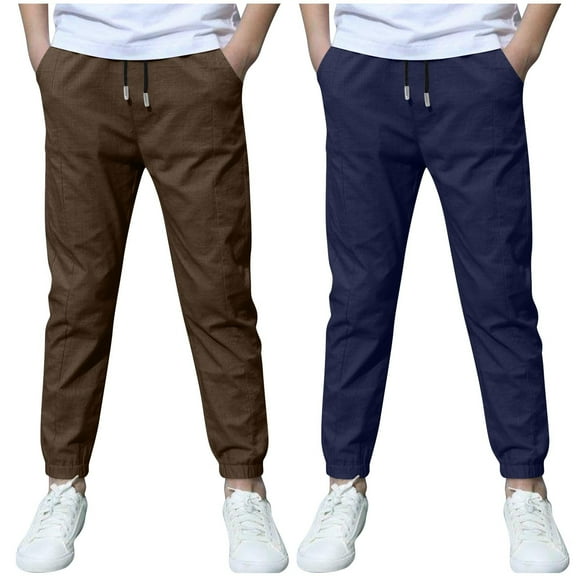 dazeni 2 Pack Boys Chino Bottom Sweatpants Casual Drawstring Pants with Pockets Lightweight Kid's Slim Fit Trousers for Everyday Comfortable Outdoor Activities