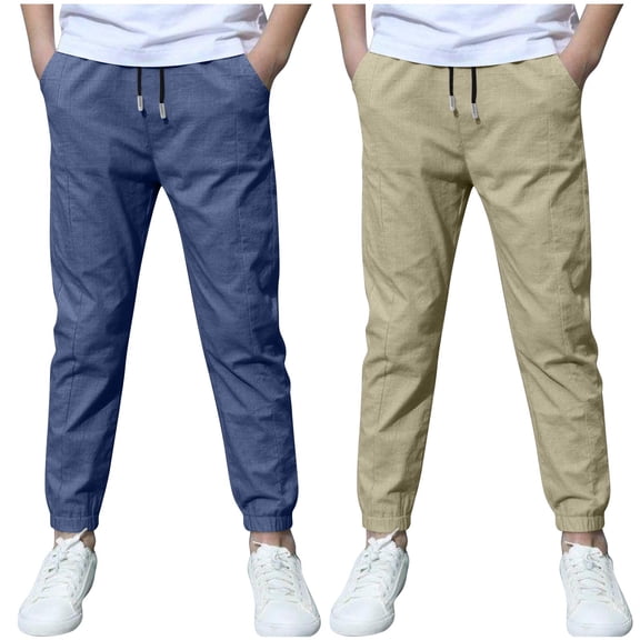 dazeni 2 Pack Boys Chino Bottom Sweatpants Casual Drawstring Pants with Pockets Lightweight Kid's Slim Fit Trousers for Everyday Comfortable Outdoor Activities