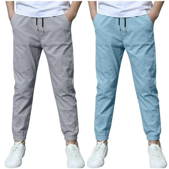 dazeni 2 Pack Boys Slim Fit Pants Lightweight Chino Pants Drawstring Trousers Lightweight Athletic Pant Casual Pant with Pockets School Uniform 3-13 Years