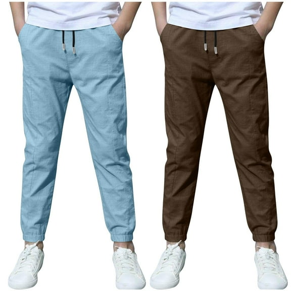 dazeni 2 Pack Boys Slim Fit Pants Lightweight Chino Pants Drawstring Trousers Lightweight Athletic Pant Casual Pant with Pockets School Uniform 3-13 Years