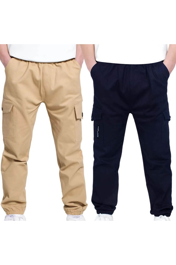 2 Pack Cargo Pants for Boys Elastic Waist Pull On Trousers Kids Casual Hiking Joggers Trousers with Pockets Teen Boy School Clothes Navy