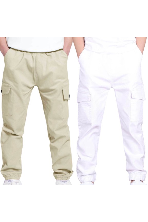 2 Pack Cargo Pants for Boys Elastic Waist Pull On Trousers Kids Casual Hiking Joggers Trousers with Pockets Teen Boy School Clothes White2