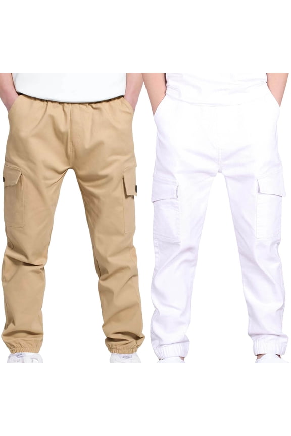 2 Pack Cargo Pants for Boys Elastic Waist Pull On Trousers Kids Casual Hiking Joggers Trousers with Pockets Teen Boy School Clothes White