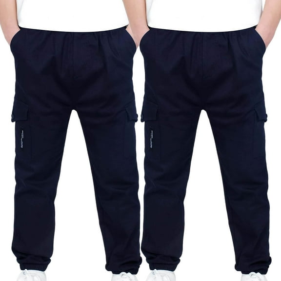 dazeni 2 Pack Casual Cargo Pants for Boys Elastic Waisted Workout Joggers Stretch Sweatpants Hiking Tactical Pants with Flap Pockets Navy2