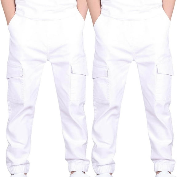 dazeni 2 Pack Casual Cargo Pants for Boys Elastic Waisted Workout Joggers Stretch Sweatpants Hiking Tactical Pants with Flap Pockets White2