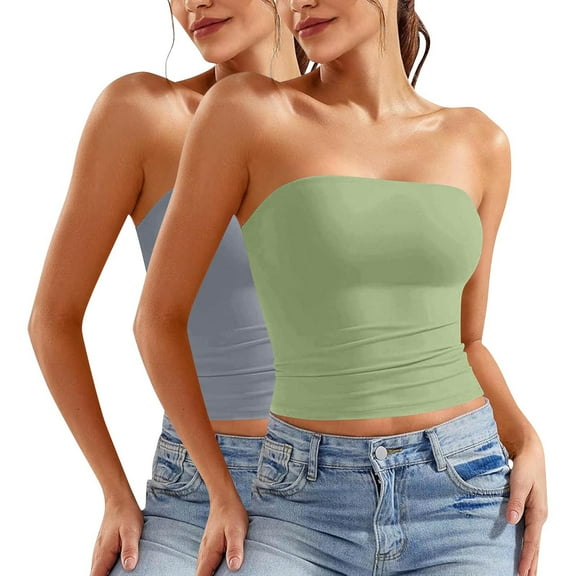 dazeni 2 Pack Womens Tube Tops Strapless Crop Top Comfy Solid Basic Bandeau Summer Clothes Going Out Cute Sleeveless Fashion Shirts