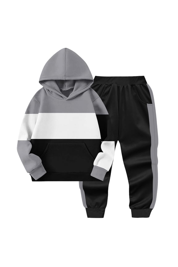 2 Pcs Boys Tracksuit Patchwork Athletic Hoodie Sweatsuit with Sweatshirt and Joggers Fall Winter Outfits Sportswear Set