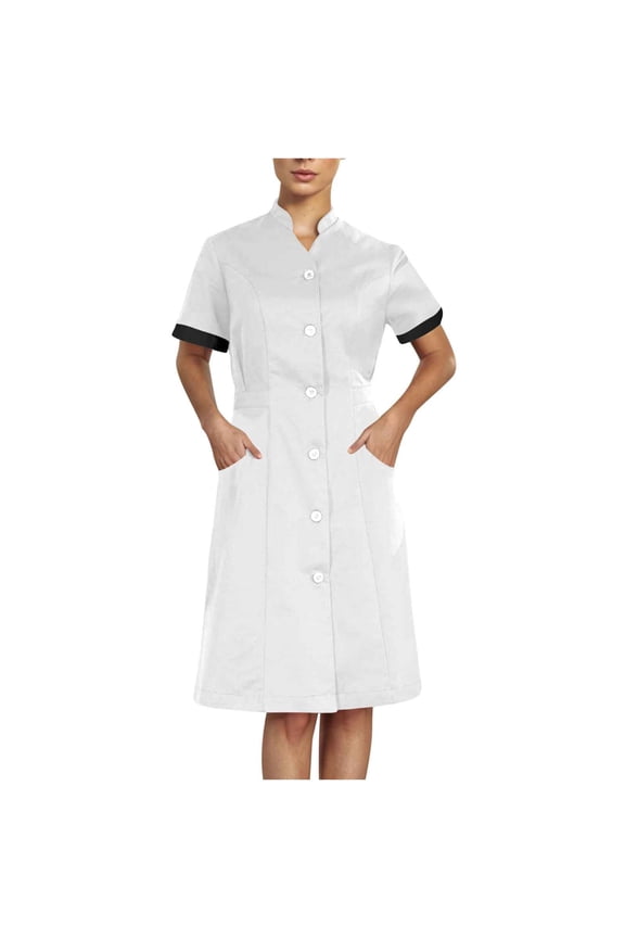 2025 Trendy Button Nurse Dress for Women Solid Button Front Nursing Workwear Short Sleeves Scrub Uniforms for Housekeeping Spa Nurse Working Uniform with Pockets