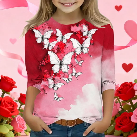 dazeni 3-12 Years Girls 3/4 Sleeve Round Neck T-Shirts Valentina's Day Spring Summer Shirts Funny Love Heart Graphic Tee Tops Red12
