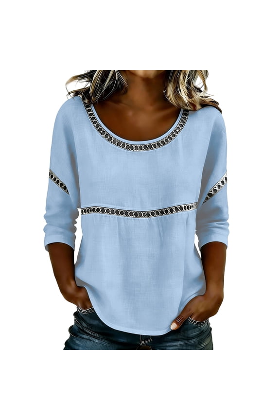 3/4 Length Sleeve Shirts for Women Oversized Lace Trim Patchwork Tops Fashion Crewneck Tunic Blouse Tee Sky Blue L