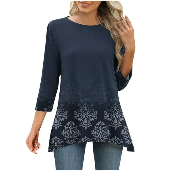 dazeni 3/4 Sleeve Tunic Tops for Women Loose Dressy Casual Blouses Trendy Print Crew Neck T Shirts with Asymmetrical Hem S-3XL