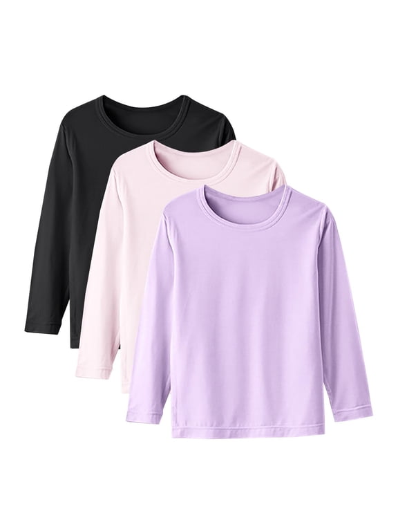 3 Pack Girls' Long Sleeve Tees Soft Modal Crew Neck T Shirs Loose Casual Solid Color Undershirts Pullover Tops