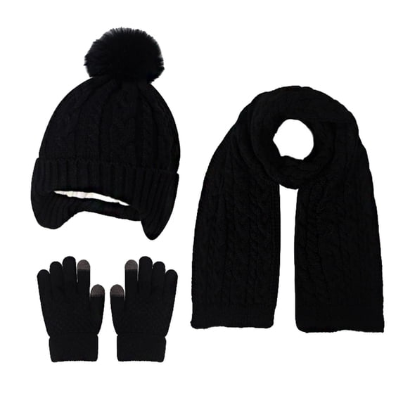 dazeni 3 Pack Kids Knit Winter Hats Sets Striped Gloves Scarf and Skiing Beanie Caps with Earflap Boys Girls Warm Fleece Lined Mittens Christmas Gifts Black Free Size