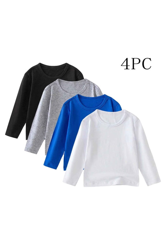 4 Pack Boys Long Sleeve Shirts Soft Cotton Basic Crewneck Tees Youth Boys Long Sleeve T-Shirts Layering Shirts Blue 8 Years