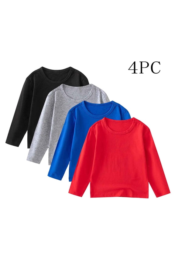 4 Pack Boys Long Sleeve Shirts Soft Cotton Basic Crewneck Tees Youth Boys Long Sleeve T-Shirts Layering Shirts Red 8 Years