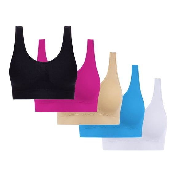 dazeni 5 Pack Women Seamless Sport Bras Comfort Wirefree T-Shirts Lightly No Underwire Push Up Bra Regular and Plus Size S-4XL