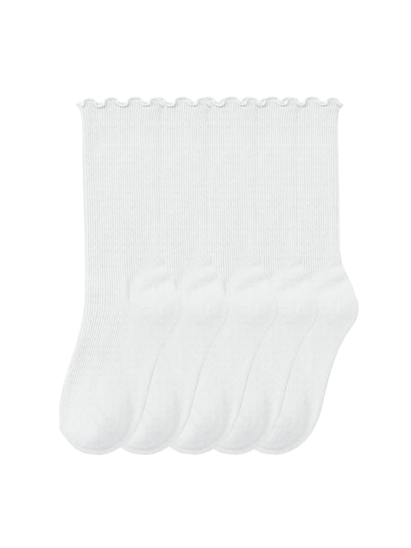 6-Pack Girls' Ruffle Socks School Uniform Dress Socks Soft Athletic Mid-Calf Socks Solid Color White 6-14Years