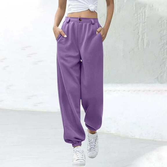 dazeni Baggy Sweatpants for Petite Women High Waisted Comfy Joggers Solid Color Workout Pants with Deep Pockets Purple M