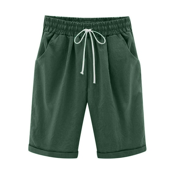 dazeni Bermuda Shorts for Women Knee Length Plus Size Straight Leg Linen Shorts with Pockets Summer Casual Beach Elastic Waist Drawstring Comfy Trendy Shorts Green XXXXL