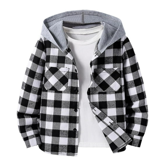 dazeni Big Boys Fashion Plaid Hoodies Shirts Casual Button Down Shirts Long Sleeve Blouse Spring Fall Preppy Clothes Black 10-11 Years