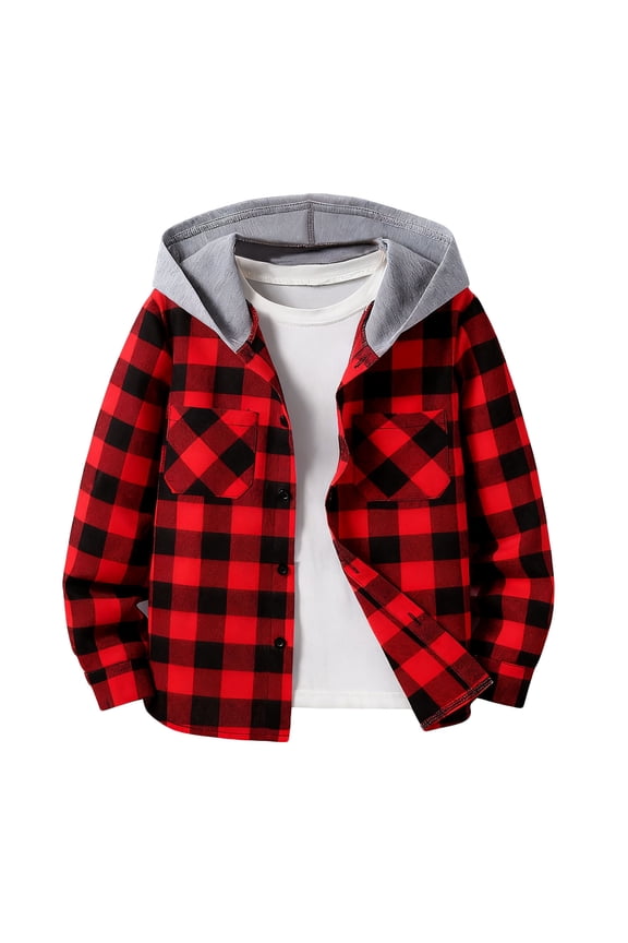 Big Boys Fashion Plaid Hoodies Shirts Casual Button Down Shirts Long Sleeve Blouse Spring Fall Preppy Clothes Red 12-13 Years
