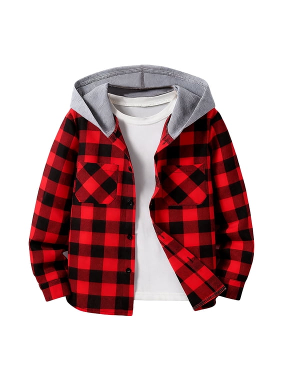 Big Boys Fashion Plaid Hoodies Shirts Casual Button Down Shirts Long Sleeve Blouse Spring Fall Preppy Clothes Red 4-5 Years