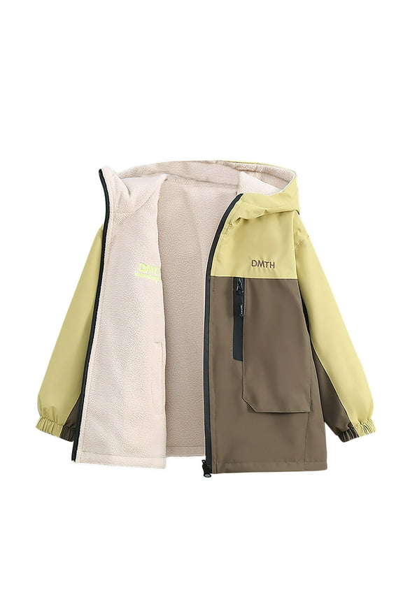 Big Boys Waterproof Hooded Rain Jacket Waterproof Polar Fleece Full Zip Jackets with Pockets Winter Warm Reversible Coats for Kids