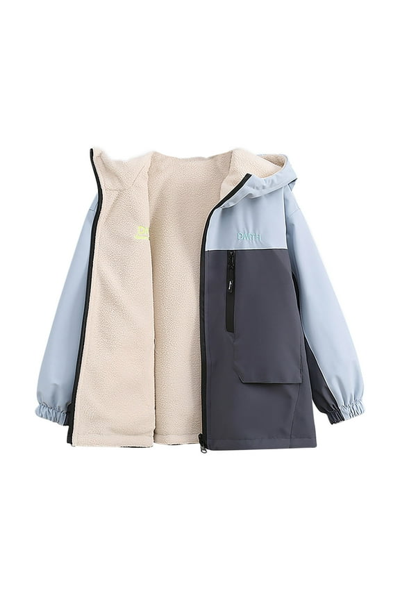 Big Boys Waterproof Hooded Rain Jacket Waterproof Polar Fleece Full Zip Jackets with Pockets Winter Warm Reversible Coats for Kids