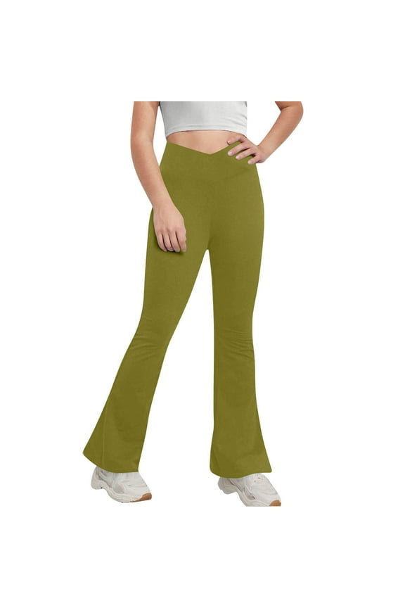 Big Girl's Flare Leggings V Cross Waist Yoga Panst Seamless Workout Flare Pants High Waist Bootcut Pants Comfy Dance Casual Pants Activewear Kids Bell Bottoms 5-15 Years