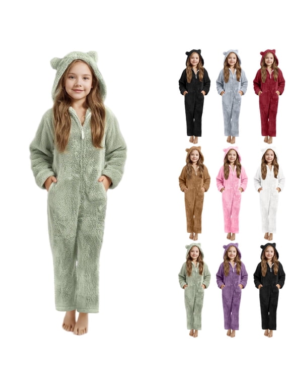 Girls 5-15 Years Fleece Hooded Jumpsuit Fuzzy Winter Warm Onesie Solid Cozy Rompers with Pockets Casual Zip Up Bear Outfits One Piece Cute Preppy Clothes Gray 5 Years