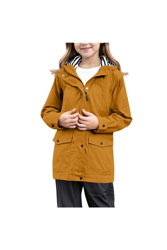 Big Girls Lightwieght Fall Winter Jackets Striped Lined Waterproof Rain Jacket Mid Length Windbreaker Full Zip Raincoat with Hood Orange 11 Years